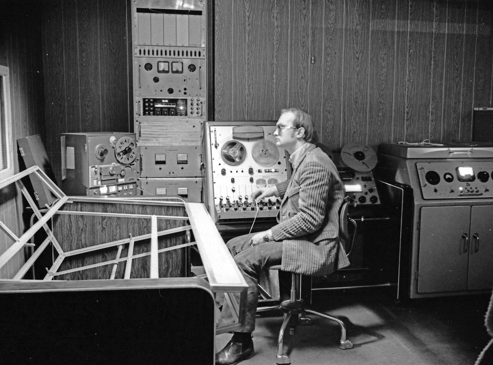 Control room at Kanaltorget Studio showing recording equipment. The frame for a self-made mixing console